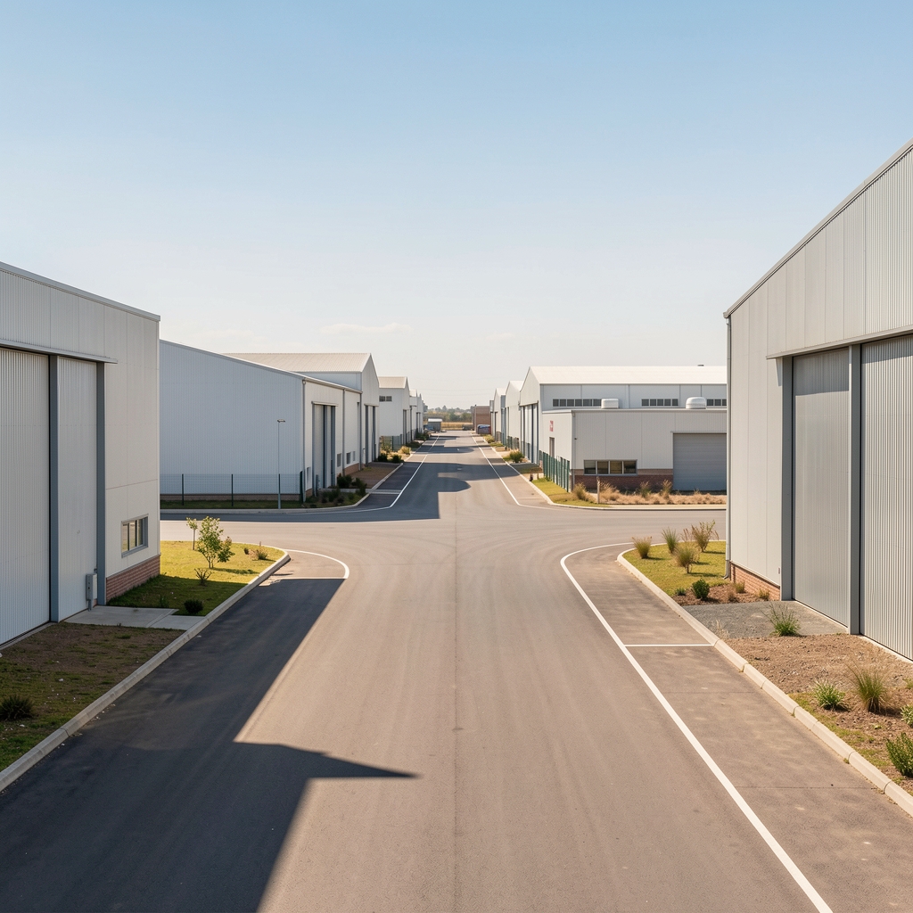 Parque industrial argentino con naves, depósitos y caminos internos sin personas